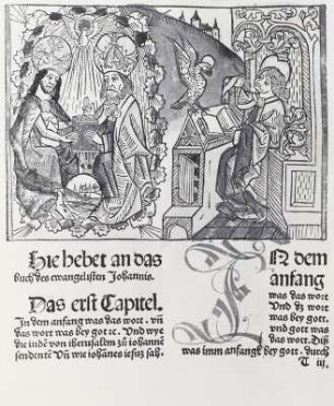 Deutsche Bibel, illustrierte Textseite mit dem :Anfang des Johannes-Evangeliums: Die Dreieinigkeit un der Evangelist Johannes, Blatt T3b