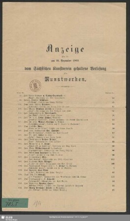 1903: Anzeige über die am ... vom Sächsischen Kunstverein gehaltene Verlosung von Kunstwerken