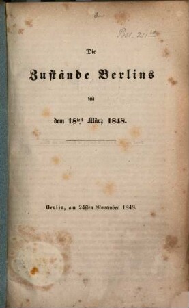 Die Zustände Berlins seit dem 18ten März 1848