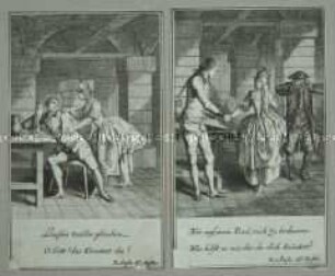 Illustrationen (Blatt 5 und 6 von 12 Blättern) zu der Operette "Der Deserteur " von Michel-Jean Sedaine.