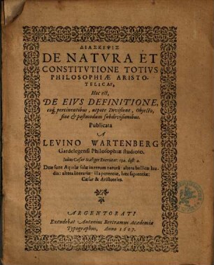 Diaskepsis De Natura Et Constitutione Totius Philosophiae Aristotelicae, Hoc est, De Eius Definitione ...