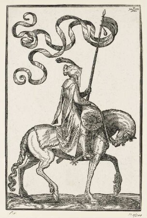 Reiter mit langer schmaler zweiteiliger Fahne, aus: Melchior Lorch, "Des Weitberühmten Kunstreichen und Wolerfahrnen herrn Melchior Lorichs, Flensburgensis Wolgerissene und geschnittene Figuren zu Ross und Fuss sampt schönen Türkischen Gebäuden und allerhand was in der Türkey ze sehen", Hamburg 1626