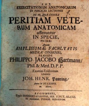 Exercitationum Anatomicarum In Publicas Lectiones De Iis, Quae Contra Peritiam Veterum Anatomicam afferuntur In Specie, 1