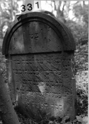 Grabstein 331 (Index: 99803514) Material: Sandstein Zustand: stark verwittert Maße HxBxT: 92x60x9 cm Beschreibung: Stele mit verdachtem Rundbogen, profilierter Rand, Giebelfeld: Grabstein 331