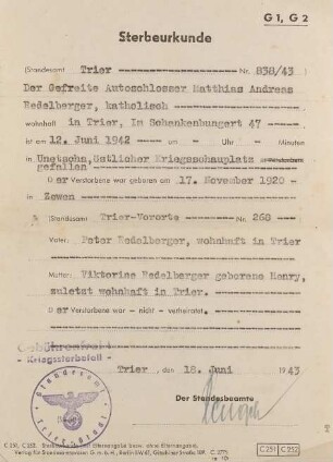 Sterbeurkunde Matthias Andreas Redelberger