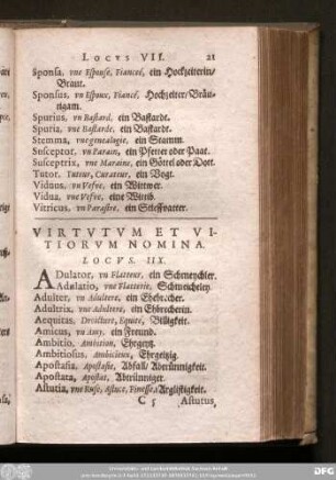 Virtutum Et Vitiorum Nomina. Locus. IIX.
