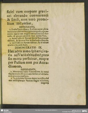 Demonstratio IX. Haec aeris atmosphaerici varia ad Varia[m] altitudine[m] pressio motu persicitur, eoque per Pulsum non per Attractionem