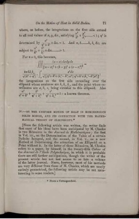 IV. On the uniform motion of heat in homogeneous solid bodies, and its connection with the mathematical theory of electricity.
