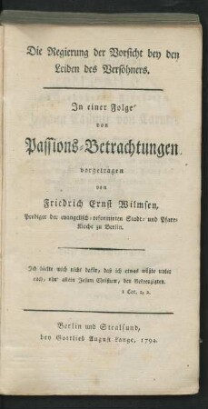 Die Regierung der Vorsicht bey den Leiden des Versöhners
