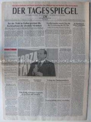 Fragment der Berliner Tageszeitung "Der Tagesspiegel" u.a. zum Wahlsieg von Berlusconi in Italien