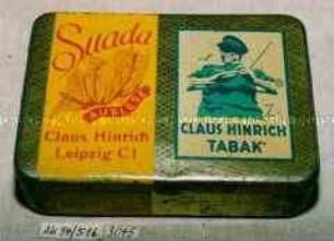 Blechdose für 50g Tabak "Suada AUSLESE, CLAUS HINRICH TABAK" (Abbildung: Schiffer, der sich eine Pfeide stopft)