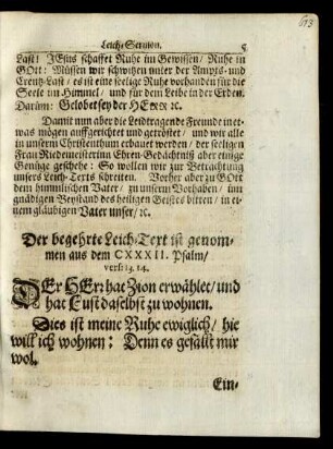 [ ... ] Leich-Text ist genommen aus dem CXXXII. Psalm/ vers: 13.14.