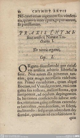Praxis Chymistici artifidij Naturae Tractatus I. De vitreis organis.