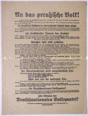 Programmatischer Wahlaufruf der Deutschnationalen Volkspartei an das preußische Volk anlässlich der Wahl zur preußischen Nationalversammlung
