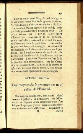 Article Second. Des moyens de se procurer des nouvelles de l'Ennemi.