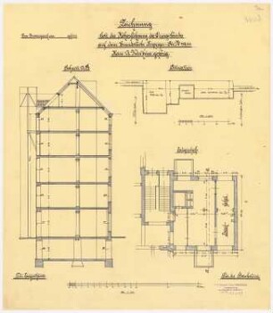 Warenhaus Wertheim, Leipziger Straße, Berlin 1. Bauabschnitt: Quergebäudeaufstockung: Grundriss, Schnitt, 1:100