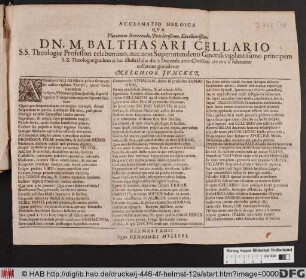 Acclamatio Heroica Qua Plurimum Reverendo, Praeclarißimo, Excellentißimo Dn. M. Balthasari Cellario ... S.S. Theologiae gradum in hac illustri Iulia die X Decemb. anni Christiani MDCL solenniter collatum gratulatur Melchior Juncker