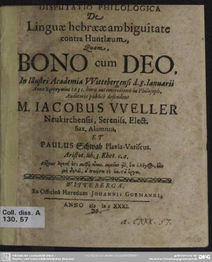 Disputatio philologica de linguae hebraeae ambiguitate contra Huntlaeum, quam, bono cum Deo ...