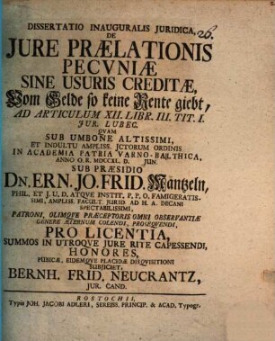 Diss. inaug. ... de iure praelationis pecuniae sine usuris creditae
