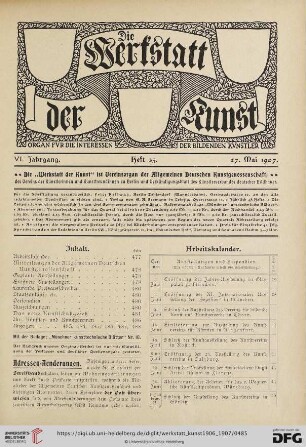 Inhalt / Arbeitskalender / Mitteilungen der Deutschen Kunstgenossenschaft / Gepante Ausstellungen / Eröffnete Ausstellunge / Laufende Preisausschreiben / Staatsankäufe etc. / Personalien / Auszeichnungen