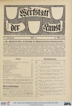 Inhalt / Arbeitskalender / Mitteilungen der Deutschen Kunstgenossenschaft / Gepante Ausstellungen / Eröffnete Ausstellunge / Laufende Preisausschreiben / Staatsankäufe etc. / Personalien / Auszeichnungen