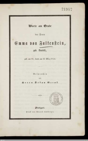 Worte am Grabe der Frau Emma von Falkenstein, geb. Bardili : gest. am 10., beerd. am 13. März 1854