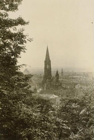 Freiberg im Breisgau. Stadtansicht. Blick vom Schloßberg auf das Freiburger Münster (um 1200/1513)