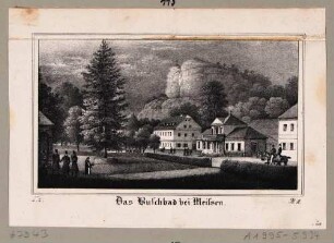 Die Kaltwasser-Heilanstalt Buschbad (Meißen-Buschbad) unterhalb des Götterfelsens im Triebischtal südwestlich von Meißen, aus der Zeitschrift Saxonia 1835