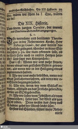 Die XIX. Historie. Von einem jungen Cavalier, der immer mit Sterbens-Gedancken umgegangen