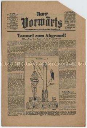 Exilausgabe der SPD-Organs "Vorwärts" u.a. zum Reichsparteitag der NSDAP und über politische Morde der NS-Bewegung