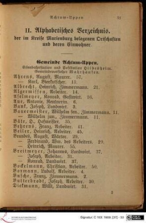 II. Alphabetisches Verzeichnis der im Kreise Marienburg belegenen Ortschaften und deren Einwohner.