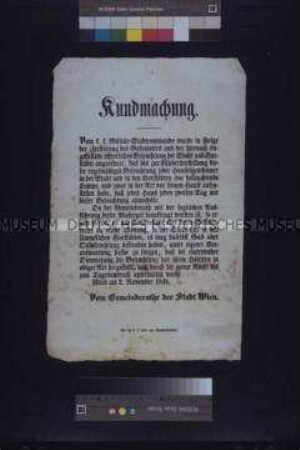 Maueranschlag: Bekanntmachung des Gemeinderates der Stadt Wien an die Hausbesitzer über die Sicherung der Straßenbeleuchtung; Wien, 2. Nov. 1848