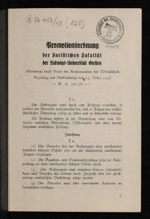 Promotionsordnung der Juristischen Fakultät der Ludwigs-Universität Gießen