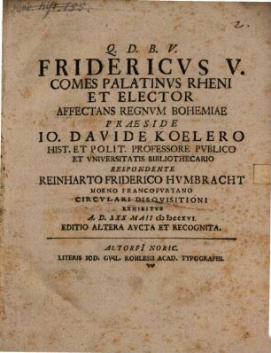 Fridericvs V. Comes Palatinvs Rheni Et Elector Affectans Regnvm Bohemiae