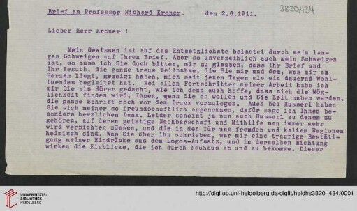 Heid. Hs. 3820,434: Brief von Emil Lask an Prof. Richard Kroner
