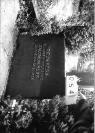 Grabstein 54 (Index: 100080163) Material: Granit, Metallbuchstaben Zustand: gut Maße HxBxT: 96x114x9 cm Beschreibung: Stele, breit, aufgesetzte Metallbuchstaben Besonderheit: Doppelgrab (für Eheleute?): Grabstein 54