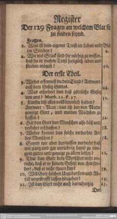 Register Der 129 Fragen an welchem Blat sie zu finden seynd