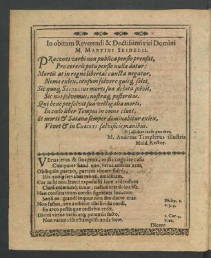 In obitum Reverendi & Doctissimi viri Domini M. Martini Seidelii.