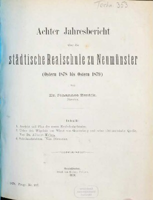 Jahresbericht über die Städtische Realschule zu Neumünster : Ostern ... bis Ostern .... 1878/79 = Jahresb. 8