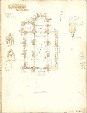 Weysser, C. Fritz; Bayern; Parsberg; Bauaufnahmen (Zeichenheft) - Pfarrkirche in Velburg (Grundriss, Teilgrundriss, Details)