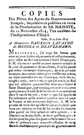 Copies des pièces des agens du gouvernement français ... a Mess. Dauxion Lavaysse de Medina et Dravermann
