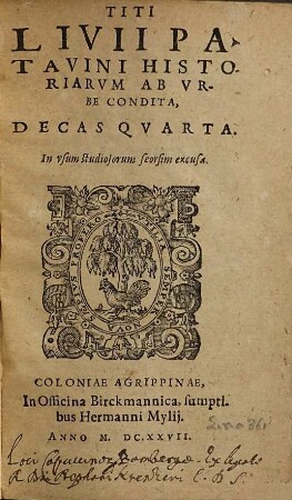 Titi Livii Historiarvm Ab Vrbe Condita Decadis ... Liber ..., 4. Decas Quarta