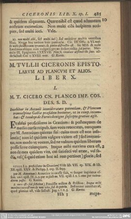 M. Tullii Ciceronis Epistolarum Ad Plancum Et Alios Liber X.