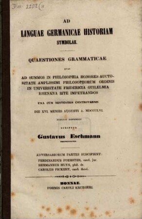 Ad linguae Germanicae historiam symbolae : quaestiones grammaticae