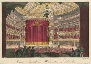 Innenansicht des Hoftheaters (1. Theaterbau von Semper) in Dresden, Stich, nach 13. April 1841 : Innere Ansicht des Hoftheaters zu Dresden, gegen Morgen / J. C. A. Richter. - [S.l.] , [ab 1841]. - 1 Kunstbl. : Kupferst. ; 15 x 10 cm