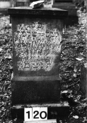 Grabstein 120 (Index: 100079727) Material: Sandstein Zustand: verwittert mit Textverlust Maße HxBxT: 73x35x12 cm Beschreibung: Stele, rechteckig, Sockel, Abdeckplatte Besonderheit: Kindergrab: Grabstein 120