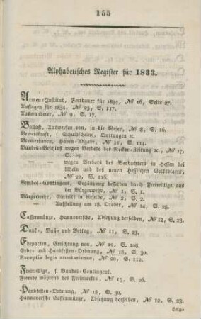Alphabetisches Register für 1833