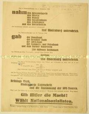 Gegen Hindenburg und Brüning gerichteter programmatischer Wahlaufruf der Nationalsozialisten zur Unterstützung Adolf Hitlers