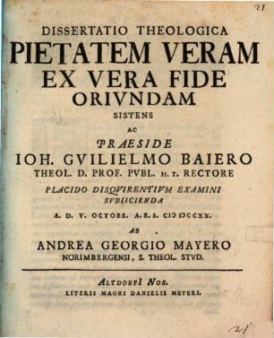 Dissertatio Theologica Pietatem Veram Ex Vera Fide Orivndam Sistens