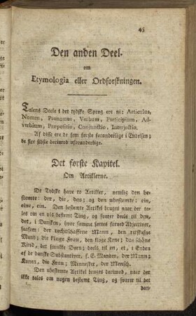 Den anden Deel. Om Etymologia eller Ordforskningen.